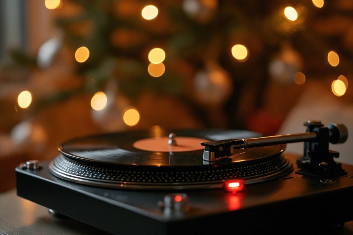 A record spins on a turntable in a room twinkling with holiday lighting.