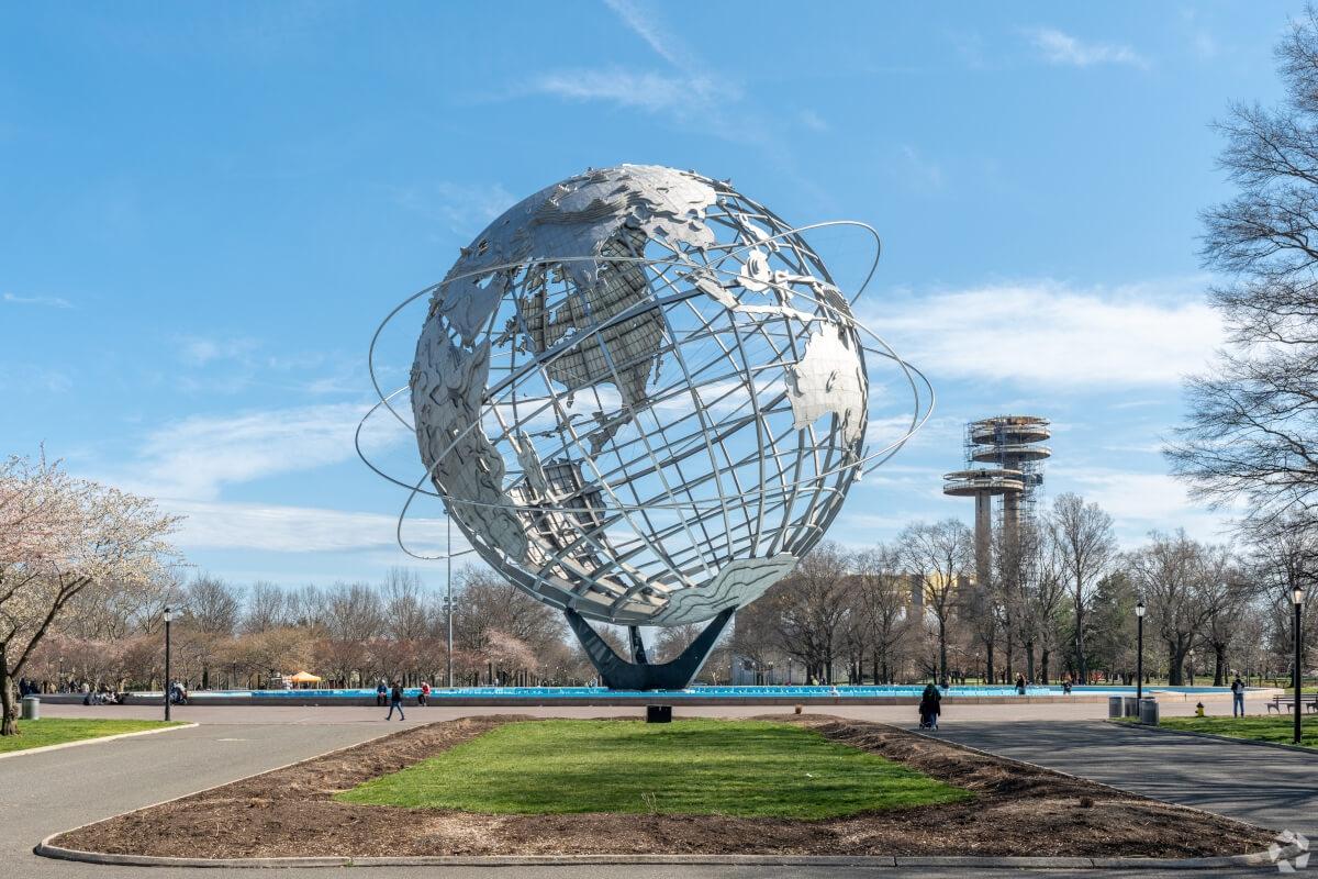 The Unisphere in Flushing Meadows Corona Park commemorates the 1964 New York World's Fair in Queens.