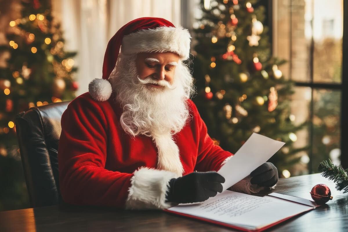 Santa Claus sits at a desk reading letters from children.