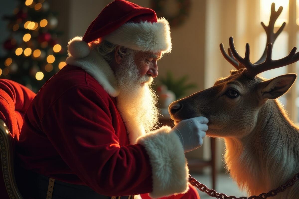 Santa Claus pets one of his reindeer.