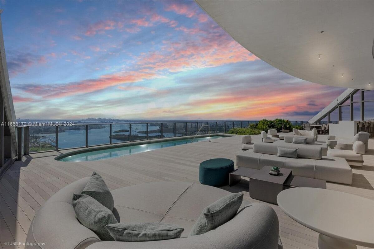 The rooftop infinity pool at 15701 Collins Ave Unit 5101 offers breathtaking sunset views.