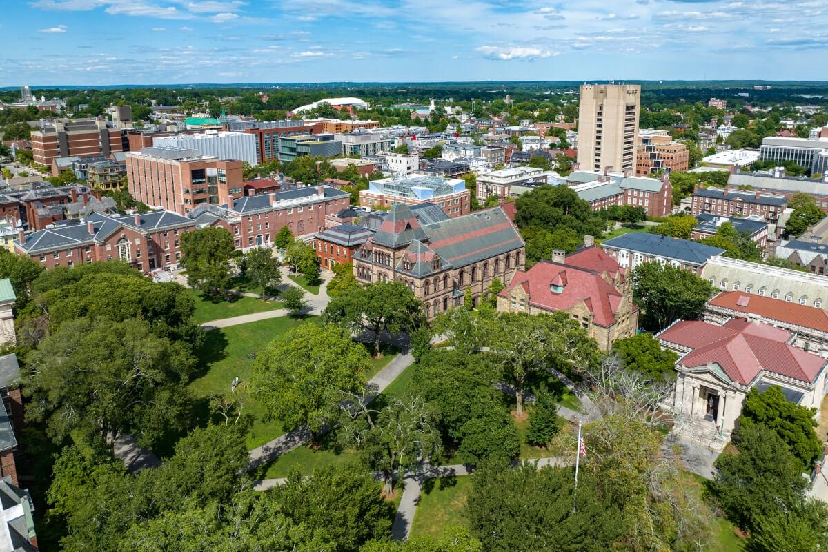 An aerial view of Brown University’s main green shows the university’s historic buildings.