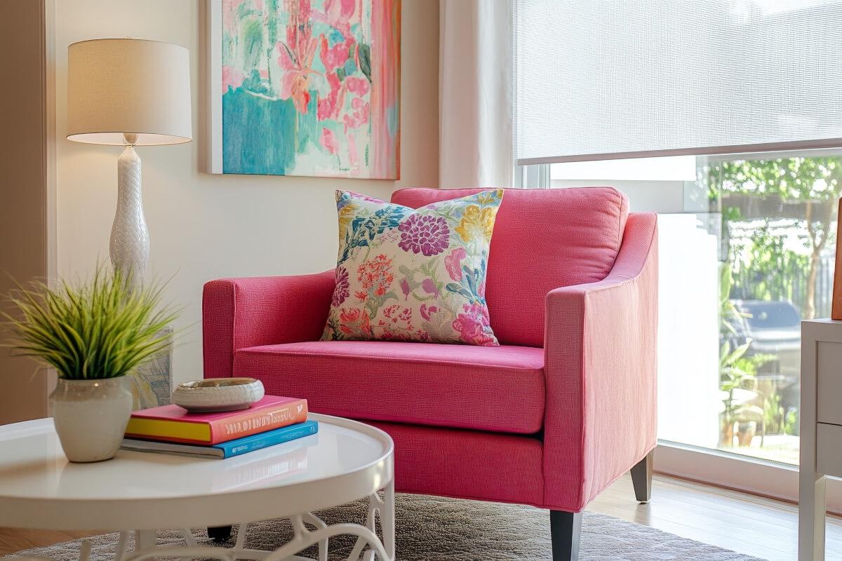 A bright pink chair sits in the corner of an apartment.