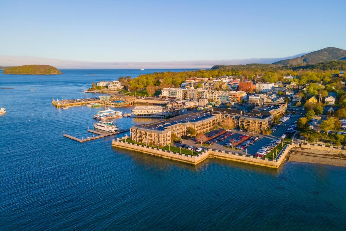 An aerial view of Bar Harbor, Maine, shows the town’s downtown area along Frenchman Bay.