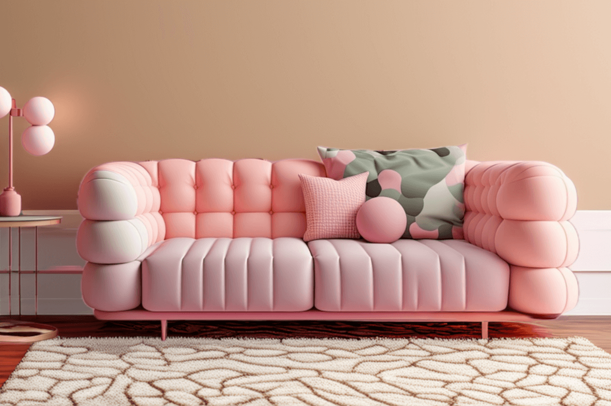 A pink bubble couch sits on a shag rug in an apartment.
