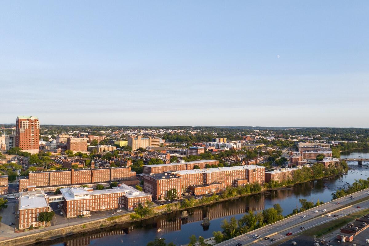 A view of Manchester, New Hampshire’s “Queen City,” from across the Merrimack River.