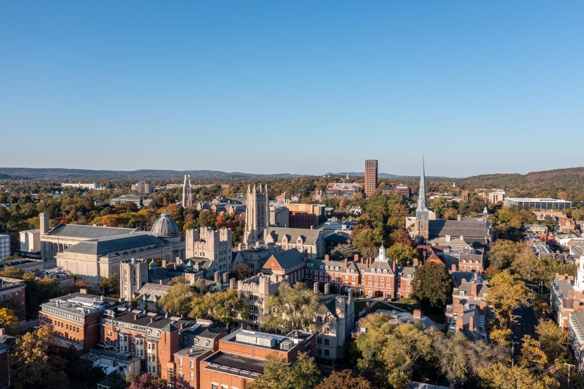 An aerial view of Yale University in New Haven shows the city’s historic architecture.