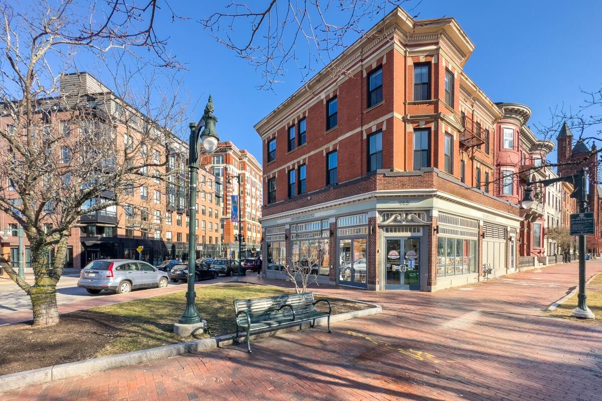 Historic buildings line Longfellow Square in Downtown Portland.