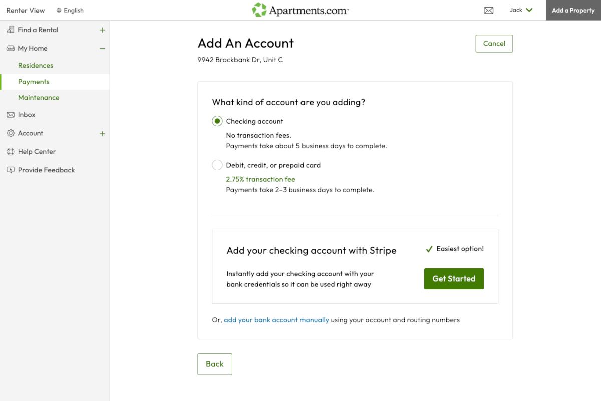 Add payment account page on renter dashboard on Apartments.com