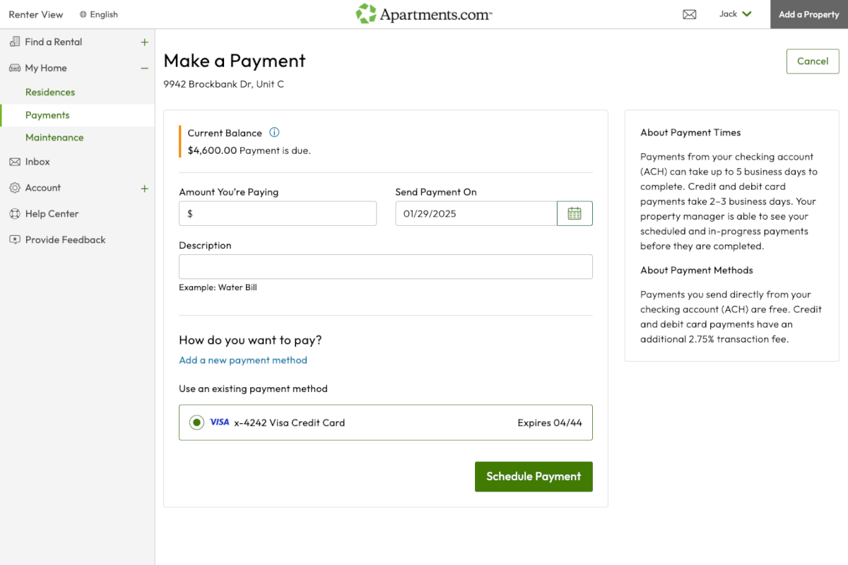 The make a payment page on Apartments.com for renters.