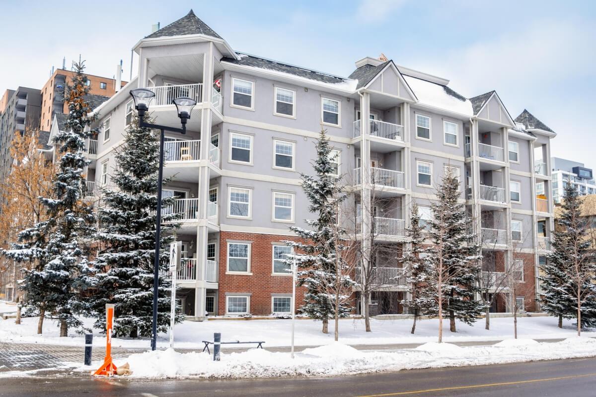 An apartment community on a snowy, winter day