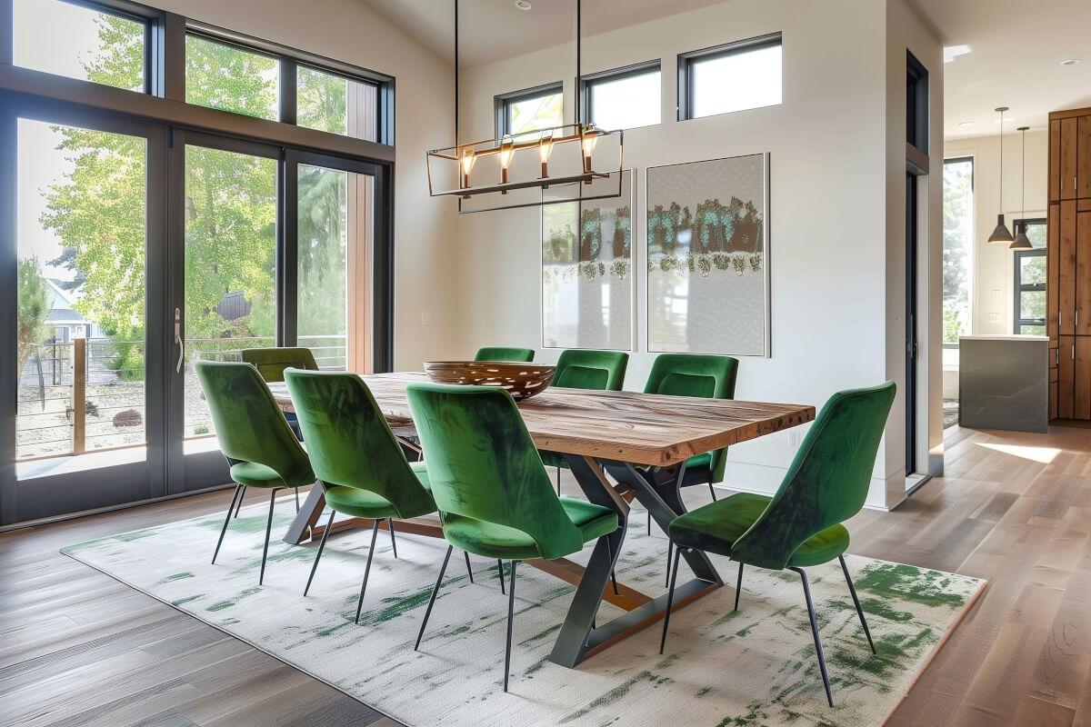 A natural wood dining table surrounded by green velvet chairs is lit by sunlight streaming through glass French doors.