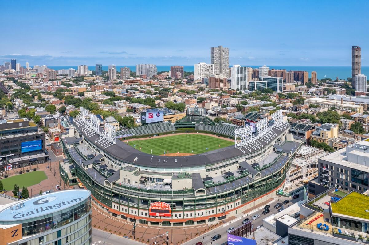 Spreading shot of Wrigley Field and the neighborhood surrounding it.