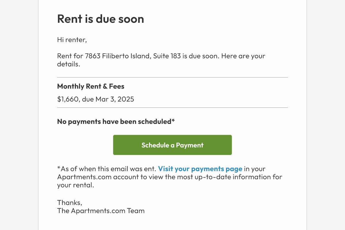 Rent reminder from Apartments.com with option to schedule payment.