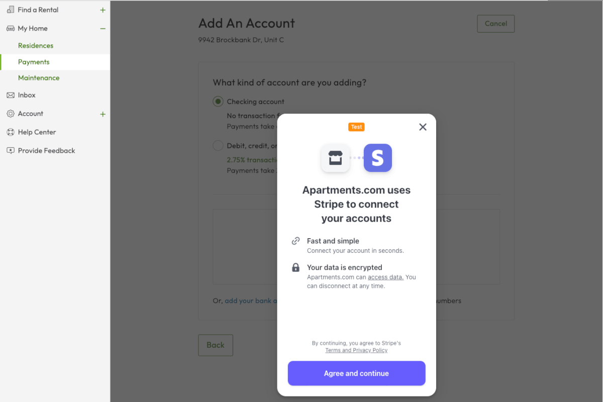 Pop-up showing that Apartments.com partners with Stripe.