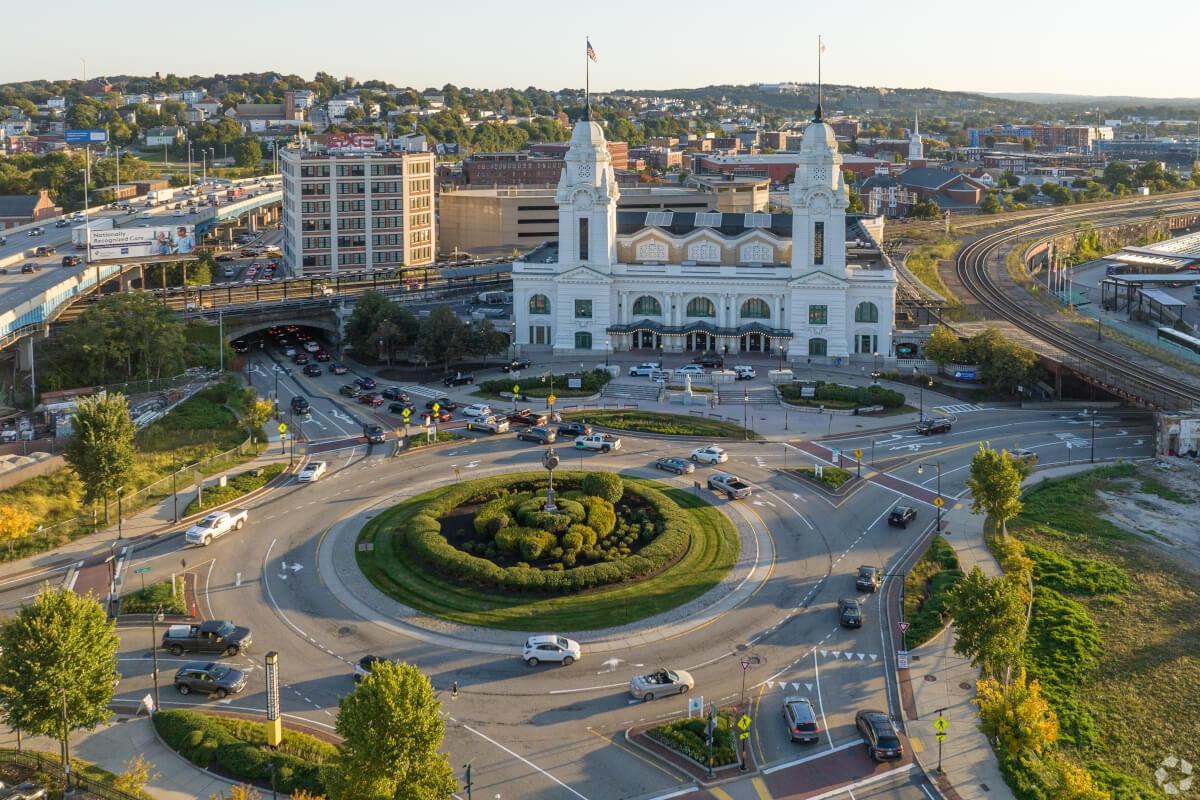 An aerial view of Worcester shows Union Station.