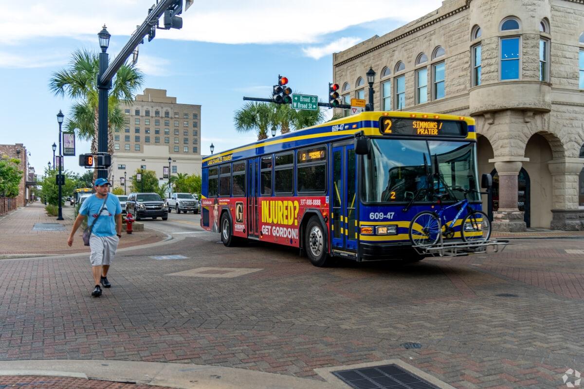 Lake Charles, Louisiana features historic buildings and brick roads.