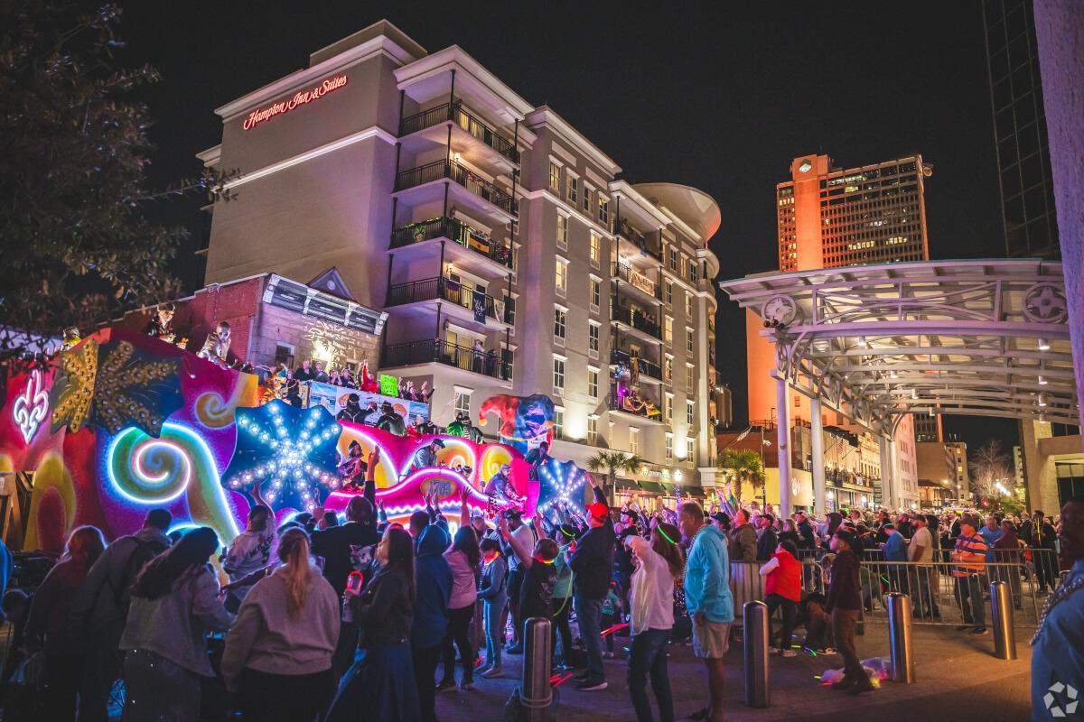 A colorful Mardi Gras float lights up Downtown Mobile.