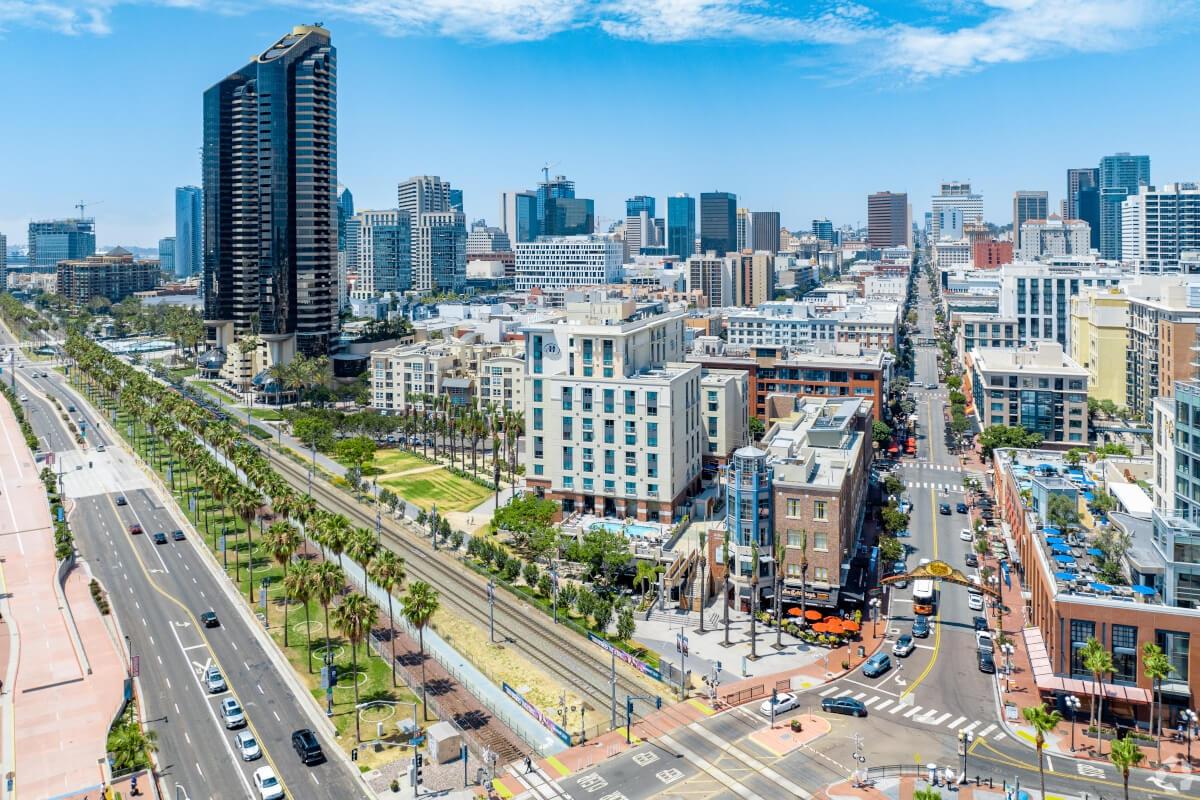 An aerial view of San Diego shows the Gaslamp District, where many Mardi Gras celebrations take place.