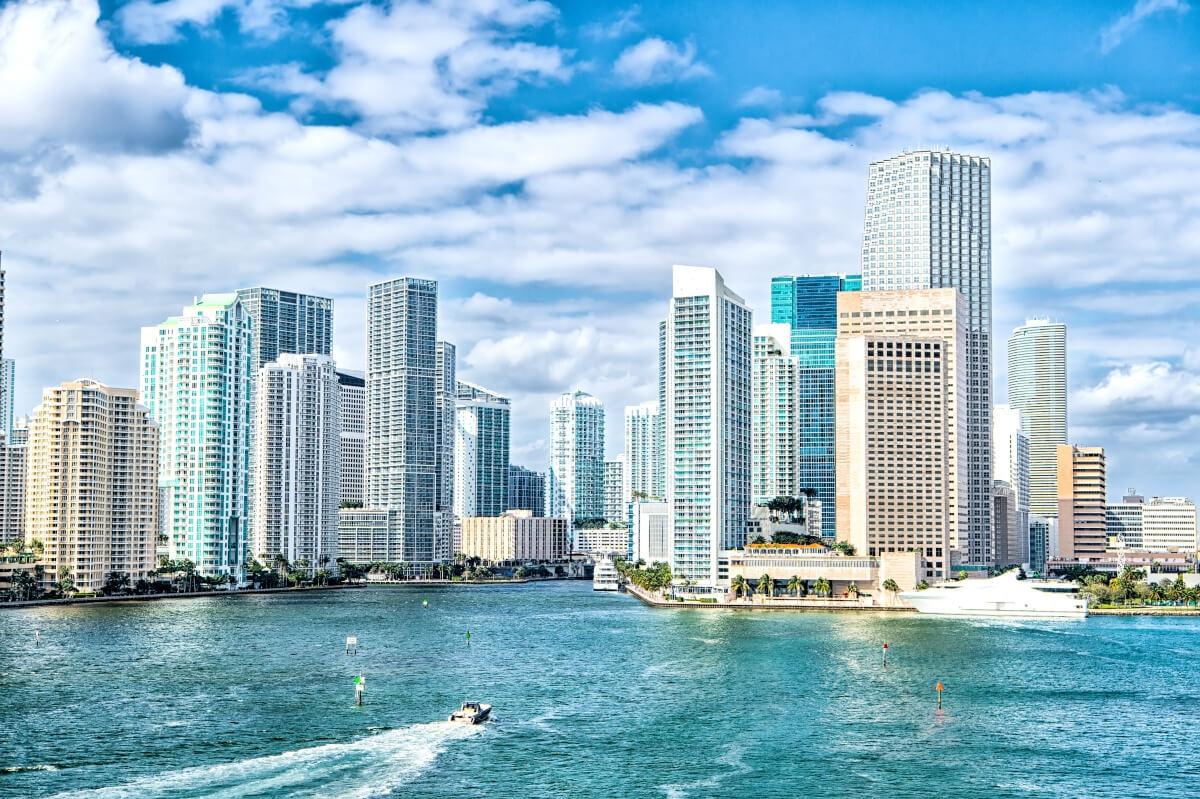 A sunny view of the Miami skyline from the waterfront