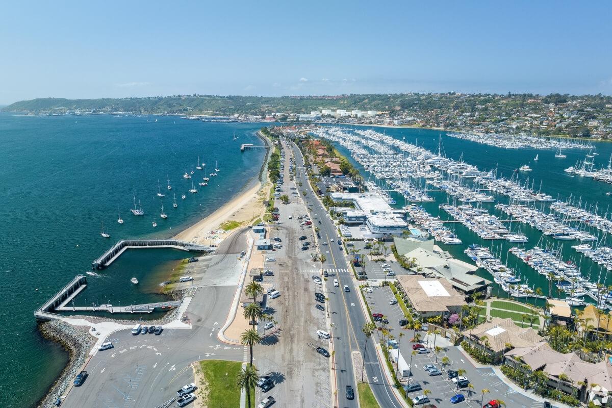 An aerial view of La Playa shows boats moored in San Diego Bay.