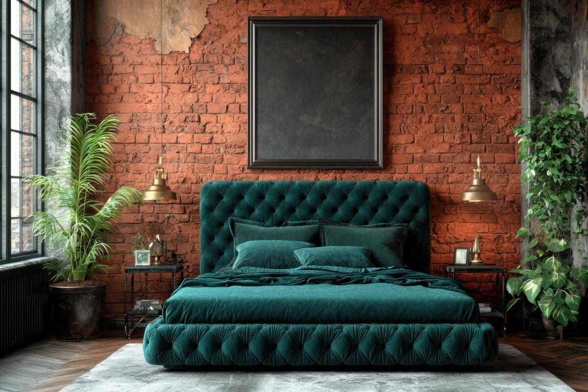 Apartment bedroom with exposed brick wall and rustic look