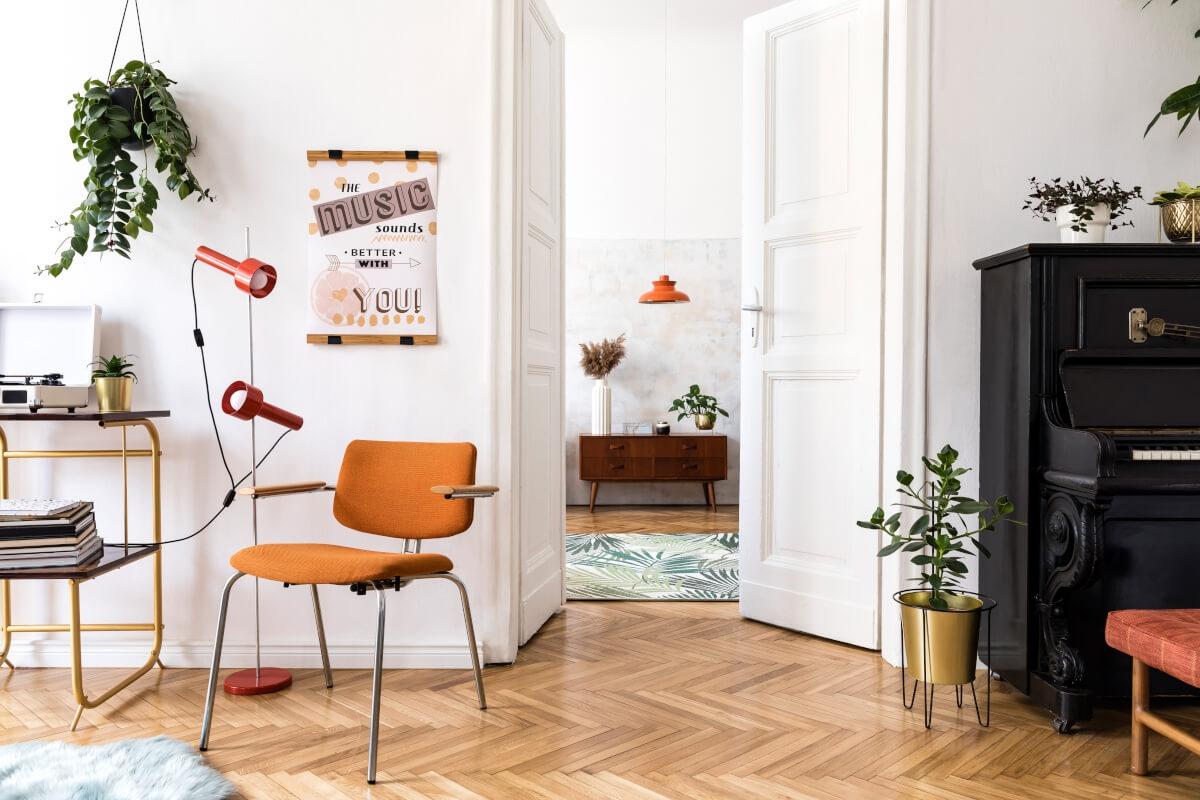 Apartment full of personal touches like a piano and record player