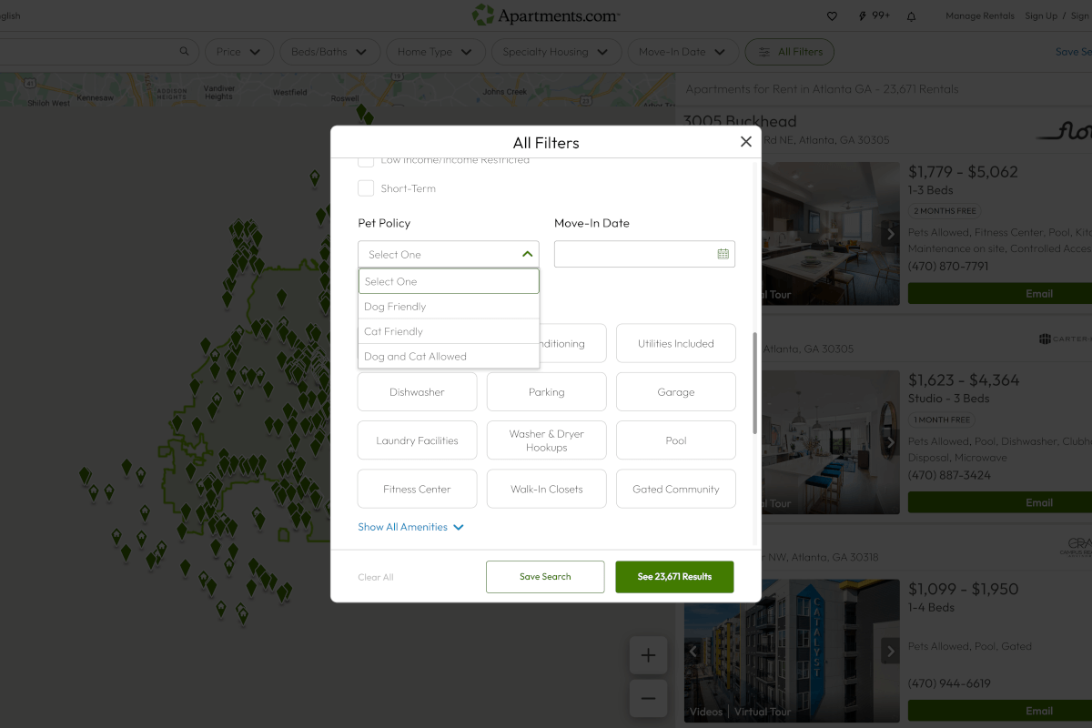 Apartments.com pet filters