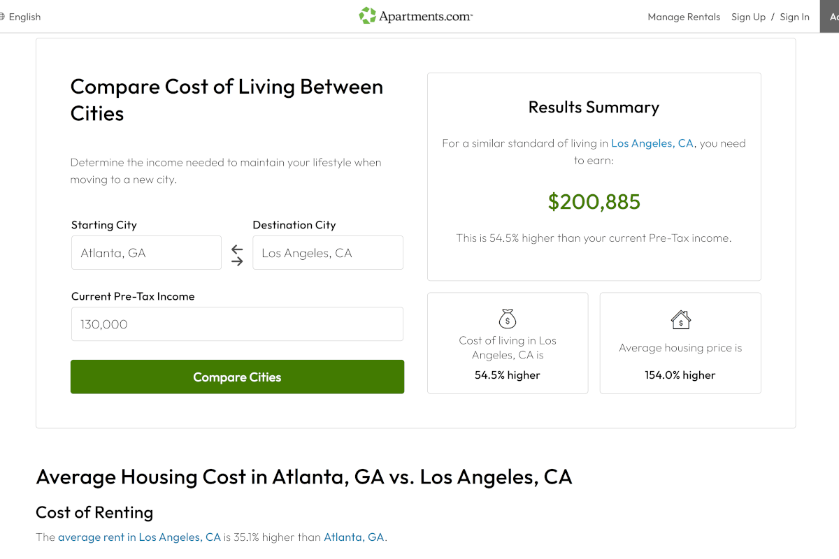 Screenshot of Cost of Living on Apartments.com