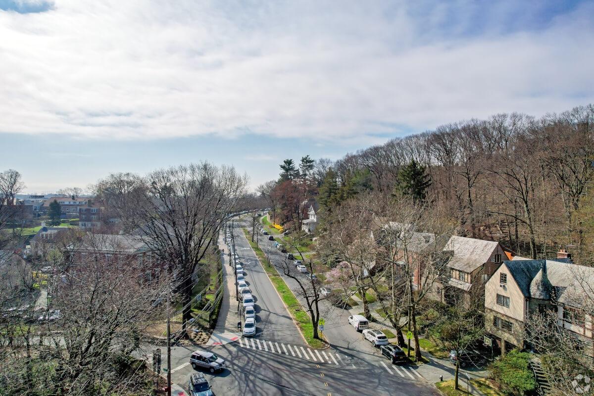 Single-family homes along a hill in Fieldston.