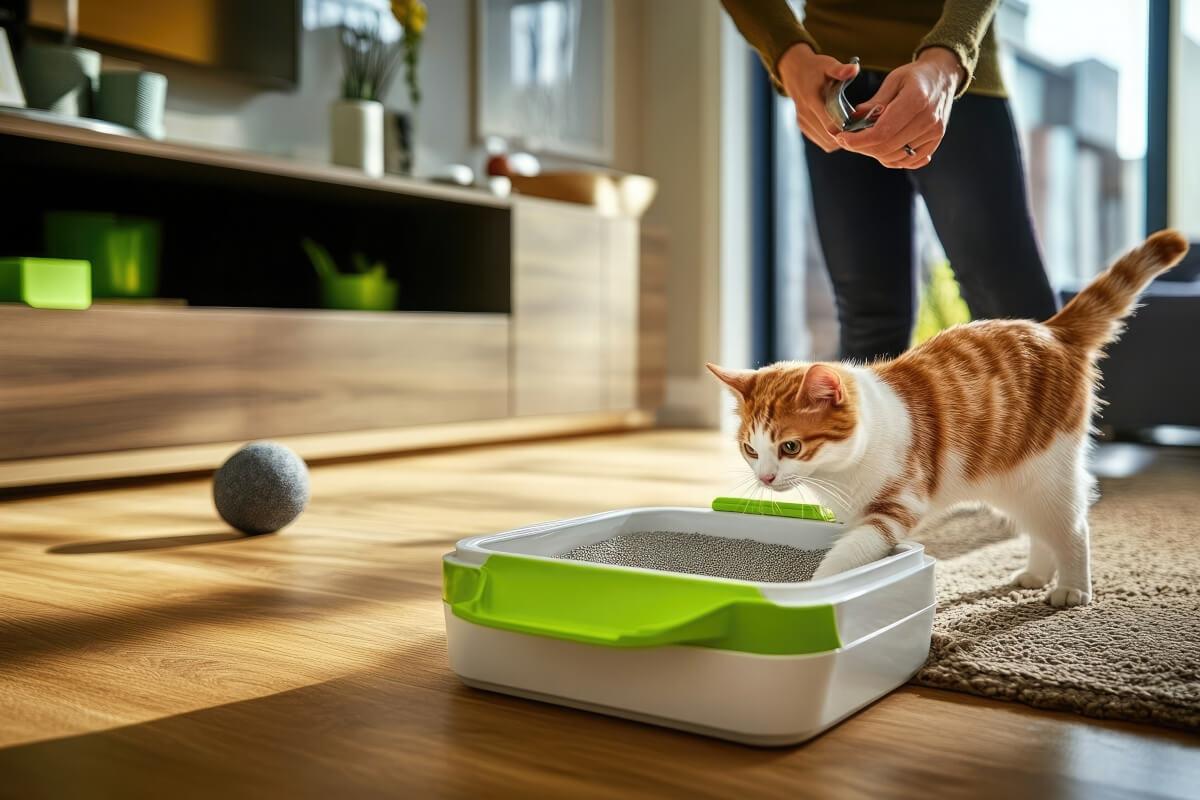 Cat observes litter box in an apartment.