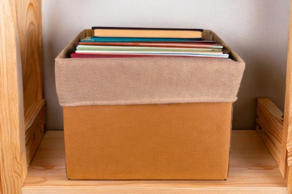 A cardboard box lined with fabric and filled with books sits on a wooden shelf.