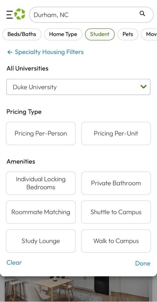Student filters on Apartments.com for Durham, NC
