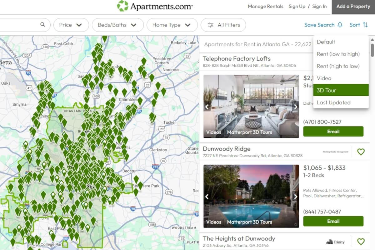 3D tour search filters on Apartments.com