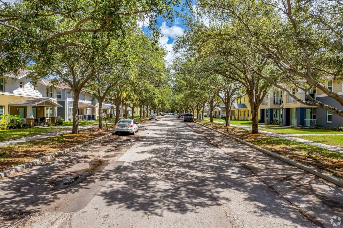 A tree-lined street of houses in the Midtown neighborhood of Saint Petersburg, FL