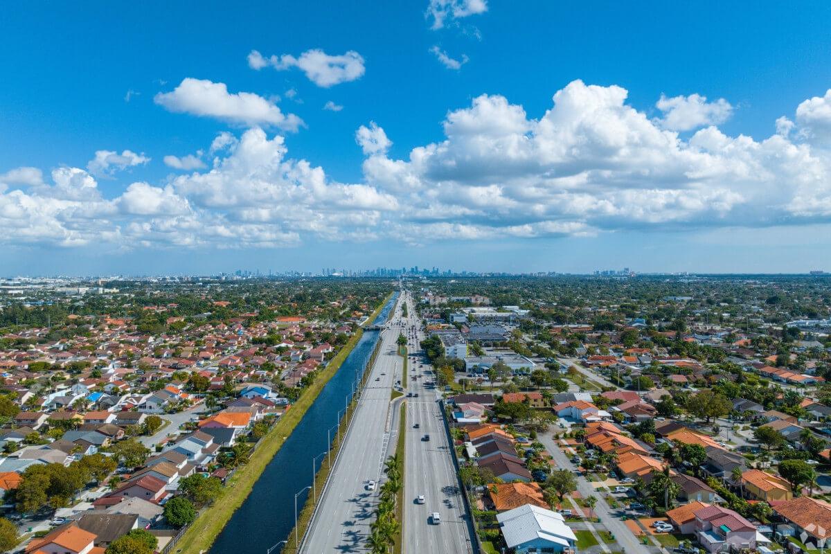 Aerial view of main highway in Westchester neighborhood in Miami, FL