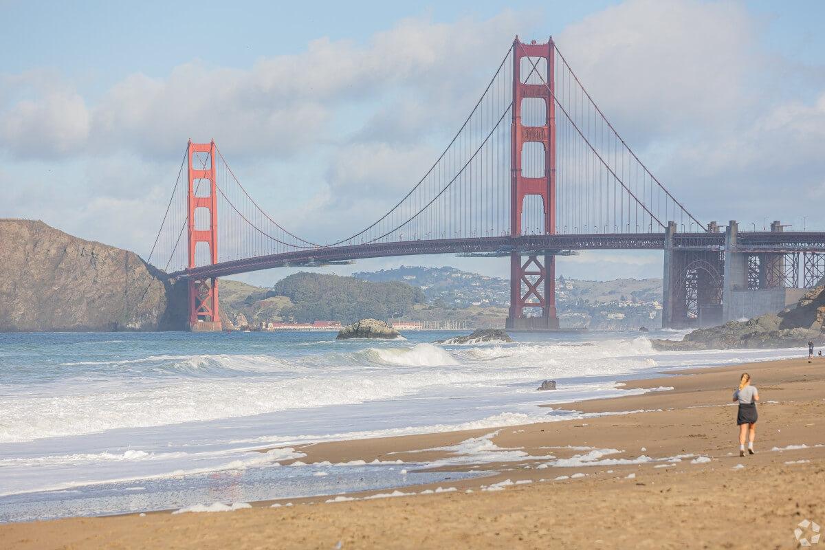 A view of the Golden Gate Bridge from the beach in San Francisco, California.