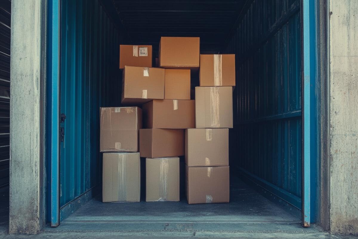 Stacked boxes inside an apartment storage unit