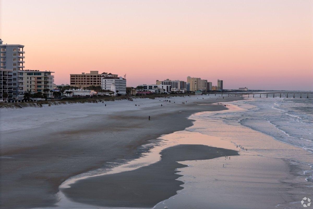 Stretch of beach at sunset in Jacksonville, Florida.