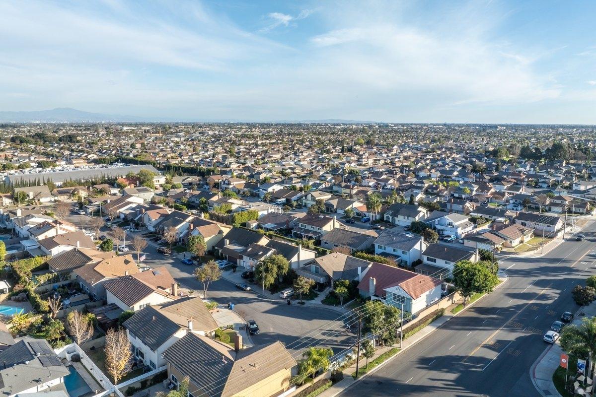 Aerial view of houses in Cypress, CA.