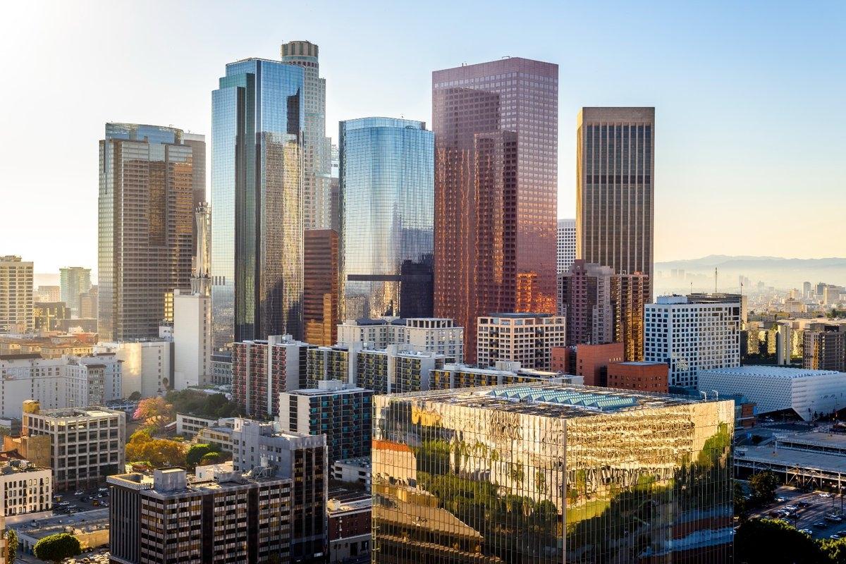 The Los Angeles skyline on a sunny afternoon.