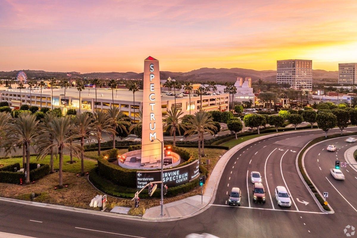 Irvine shopping center at sunset.