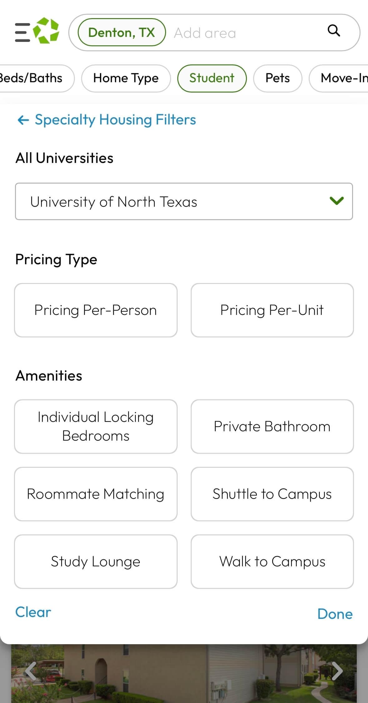 Student filters on Apartments.com