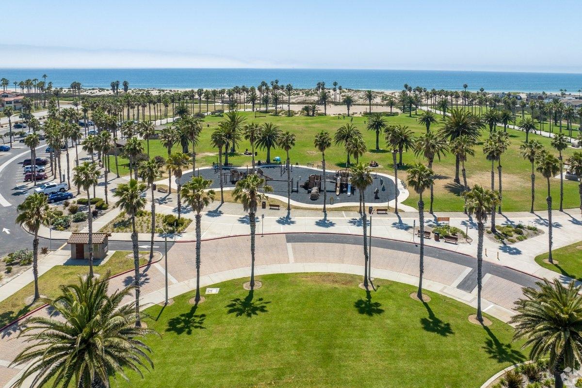 Palm trees and ocean from above in Oxnard, CA.
