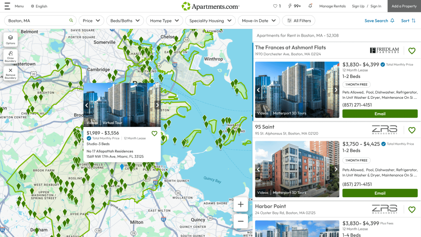 A screenshot of the Boston, MA, map on Apartments.com shows listings with the "Total Monthly Price" badge.