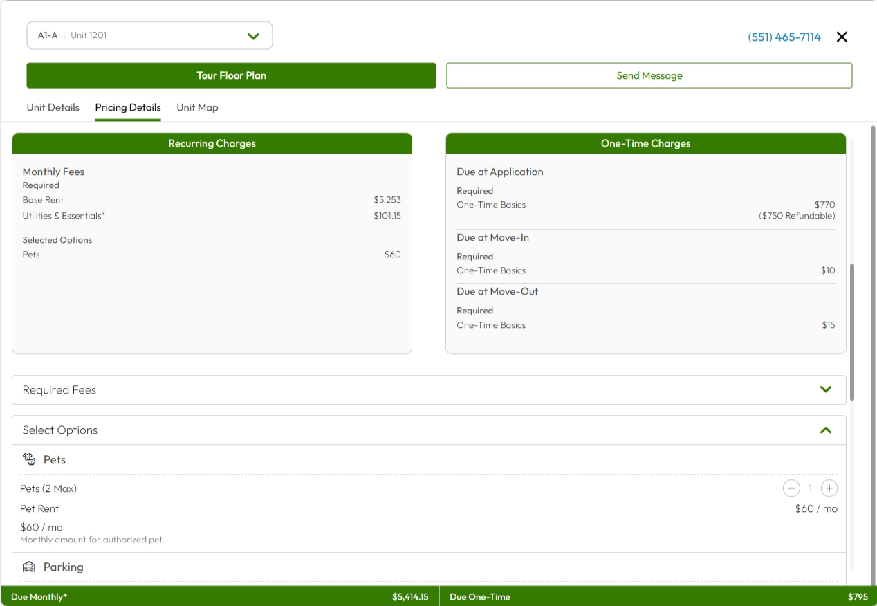 A screenshot of the Cost Calculator for The Village at Bronxville shows monthly and one-time charges.