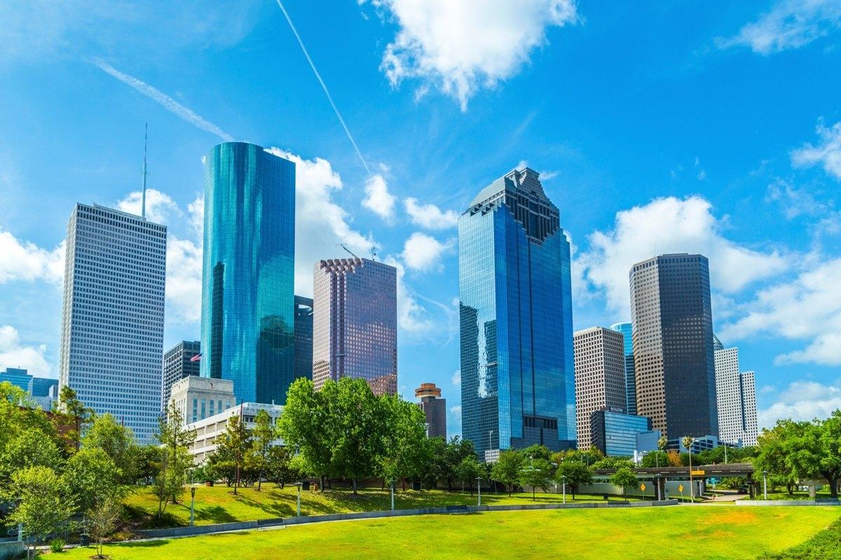 Shiny, tall buildings in Downtown Houston