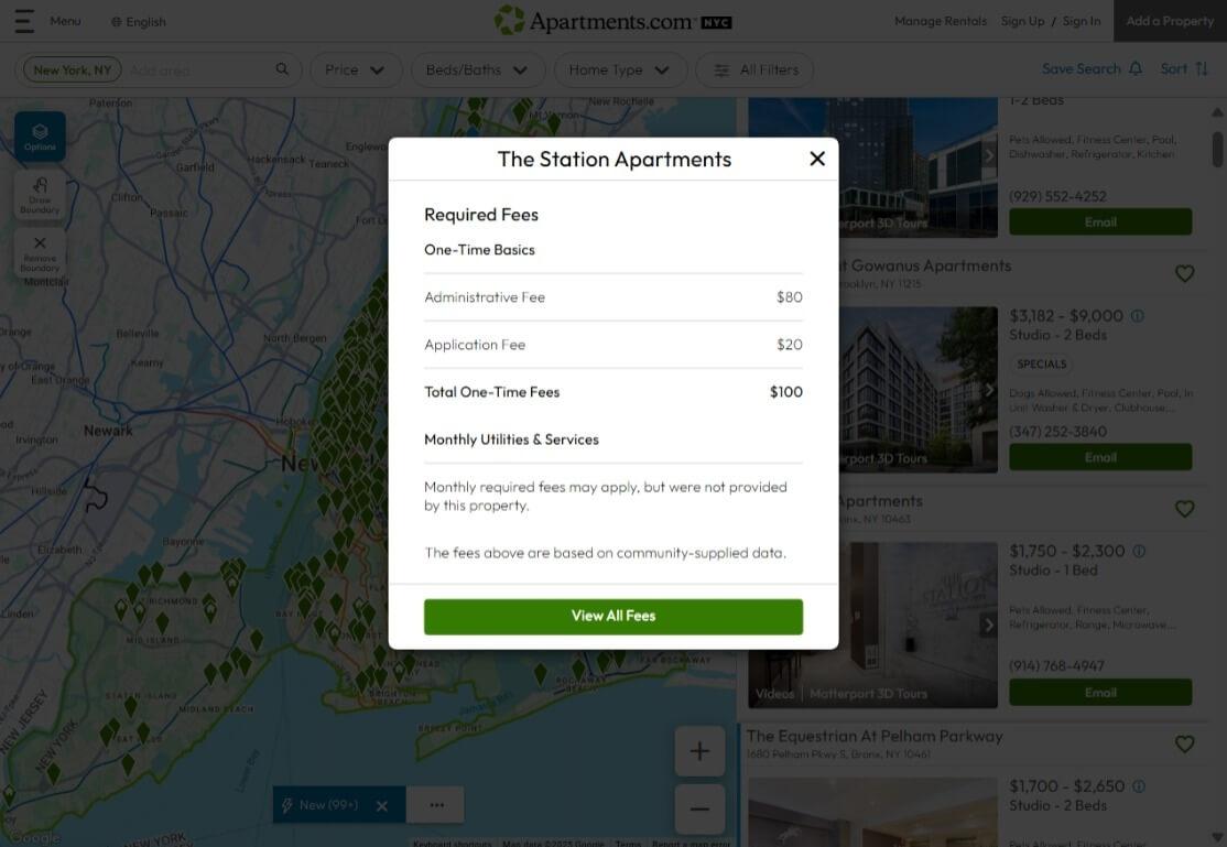 A screenshot of the Required Fees popup on Apartments.com for The Station Apartments in New York.
