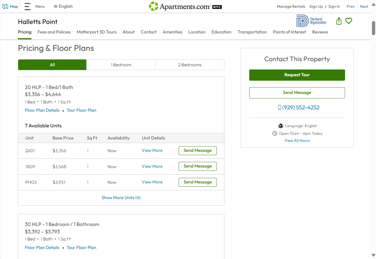 A screenshot of the Pricing section for the Halletts Point apartment community shows several specific units listed with different prices.