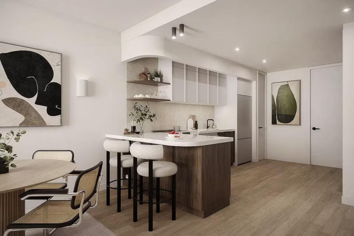 A view of a modern kitchen in the Prospect House apartment community in Crown Heights, Brooklyn.